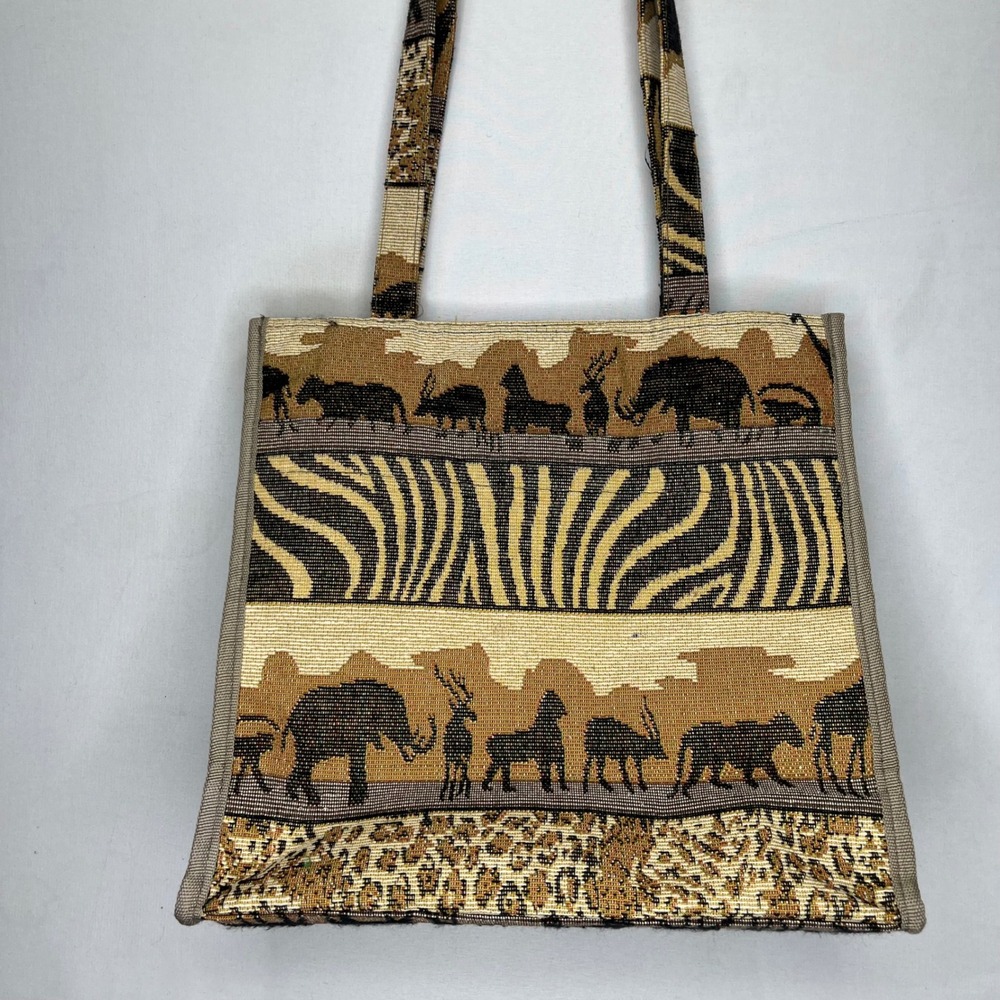 Jade Tote Bag Women Large Brown Woven Tapestry Safari AnimalPrint Elephant Zebra